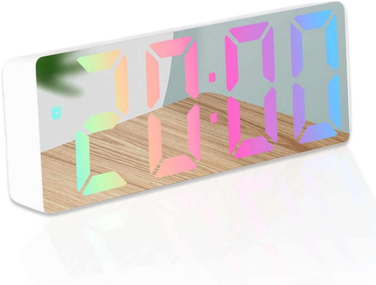 Digitale led-wekker met grote cijfers, temperatuurweergave en sluimerfunctie - wit met spiegeldisplay