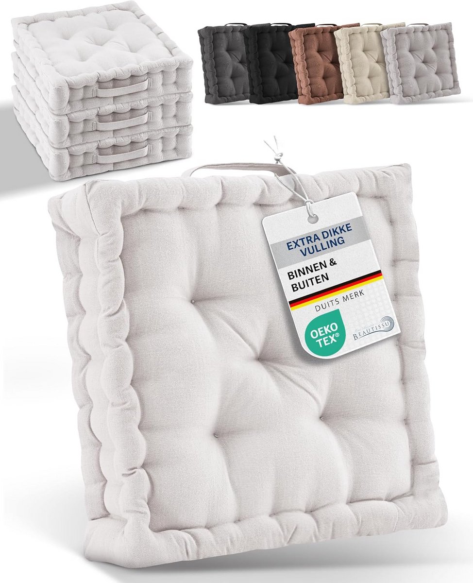 Set van 4 ronde vloerkussens 50x50cm - 10cm dik - 100% katoen - met draaggreep - voor binn