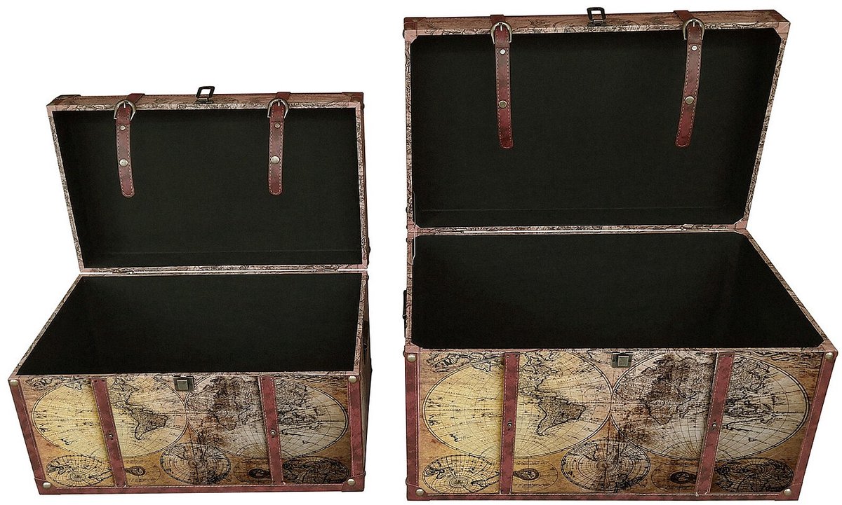 Vente-unique Set van 2 houten koffers met wereldkaartmotief - H 40 x B 69 x D 43 cm en H 33 x B 59 x D 36 cm - Bruin - AVENTURA