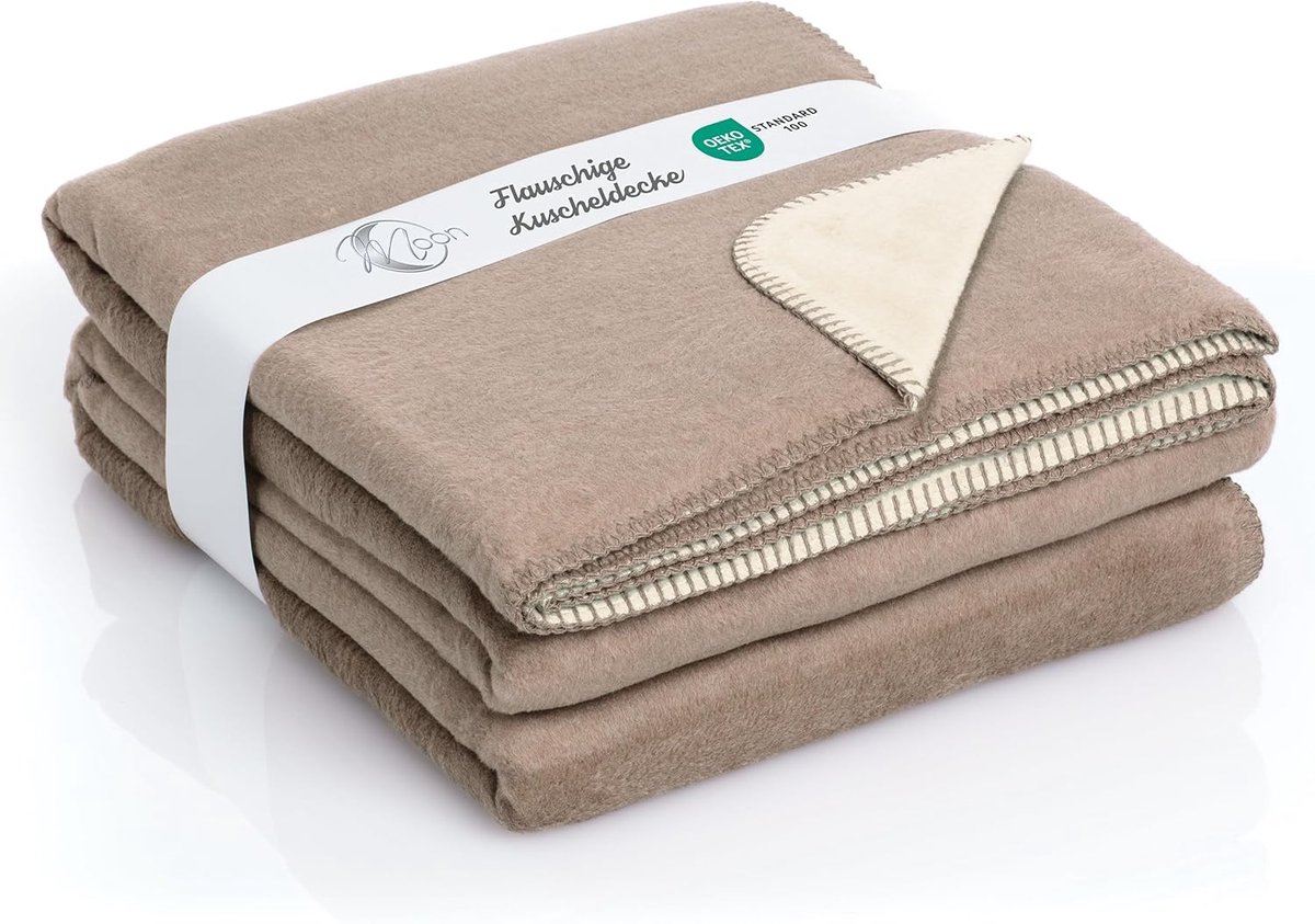 Extra Grote Dubbelzijdige Plaid van Katoenmix - 220x240 cm met Afgewerkte Rand (Beige/Donkerbeige)