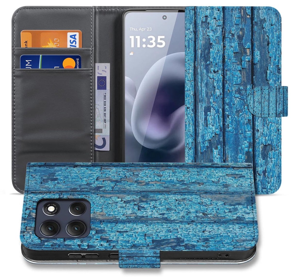 Motorola Moto G86 Book Case Hoesje Afgebladderd Blauw Hout