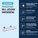 Chroom thermostaatkraan met "Quickfix", "Passend bij jouw wensen!", en iconen voor functies zoals "beveiliging tegen verbranding" en "kindveilige 38°C limiet".