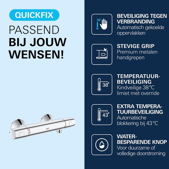 Chroom thermostaatkraan met "Quickfix", "Passend bij jouw wensen!", en iconen voor functies zoals "beveiliging tegen verbranding" en "kindveilige 38°C limiet".