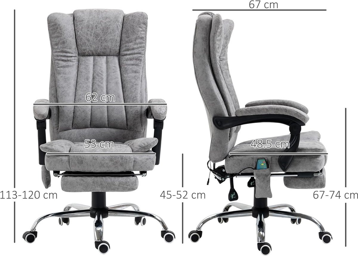 Bureaustoel Massage & Verwarming Casa Velluto | Ergonomische Relax Stoel met Kantelbare Rugleuning, In hoogte Verstelbaar, 360° Draaibaar, Voetsteun, Comfortabele Armleuningen, Synthetische Bekleding - Grijs