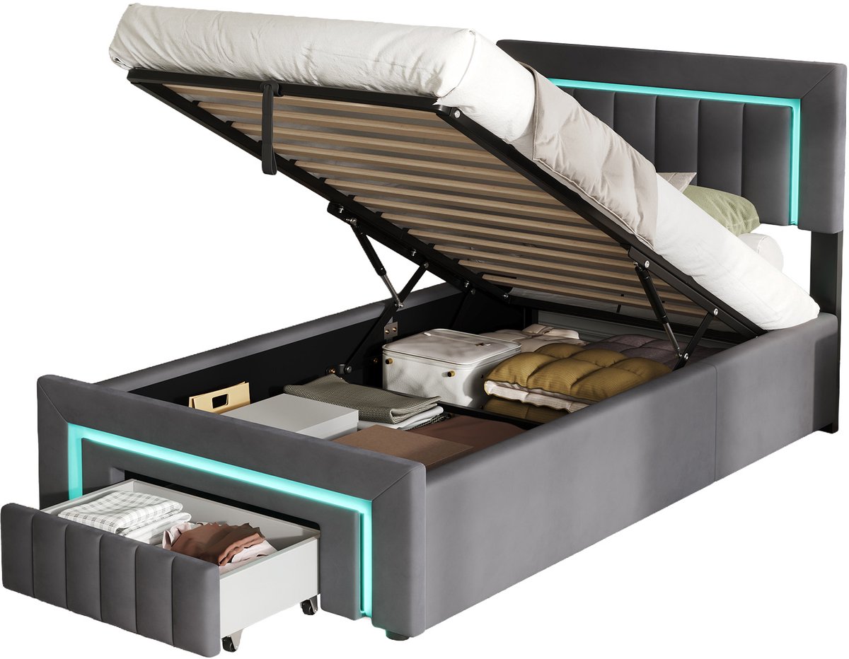 MODFU Gestoffeerd Bed 90x200 cm – 207,5x90x107,5 cm – Met LED, hydraulische opbergruimte en lade – Fluweel donkergrijs – Incl. lattenbodem