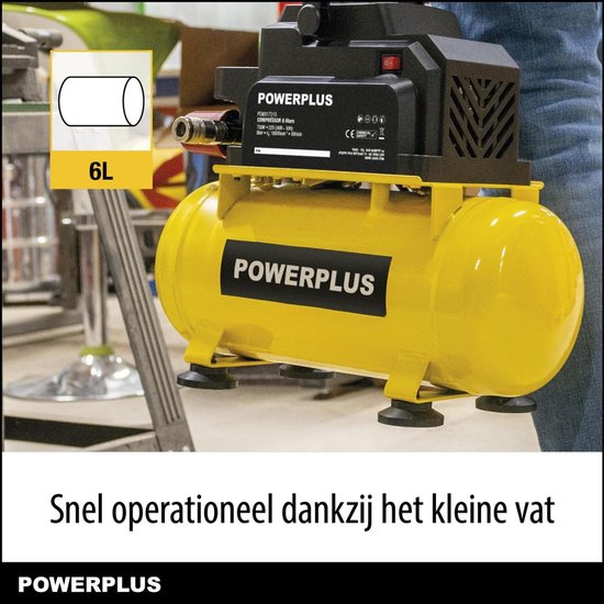 Gele Powerplus compressor met zwarte bovenkant en 6 liter tank. Close-up.