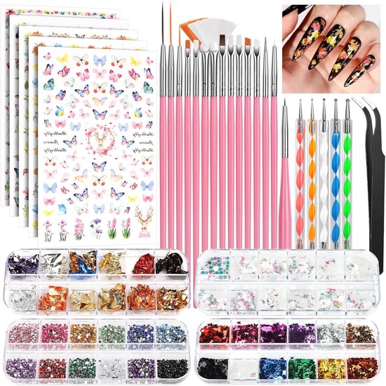 Set voor nail art: nail art stickers, roze penselen, dotting tools, pincet, strass steentjes, pailletten en nagelfolie.