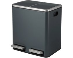 Prullenbak Dubbel Compartiment met Pedaal - Afvalscheidingsbak 2 Vakken - Softclose Deksel - Stalen Vuilnisbak voor Keuken - Handsfree Afvalemmer Grijs - Inclusief 15x Afvalzakken - 2026 Model