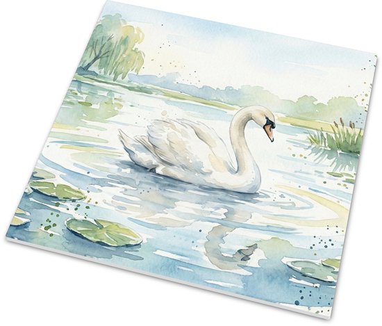 Petit carrelage brillant Cygne Blanc Nageant dans l'Étang avec Nénuphars Oiseau Nature Décoration Murale - Aquarel Series Paysage - Cadeau pour elle : Femme, Amie & Collègue - Accessoire de Maison Apaisant Eau Décoration Murale Salle de Bain Chambre
