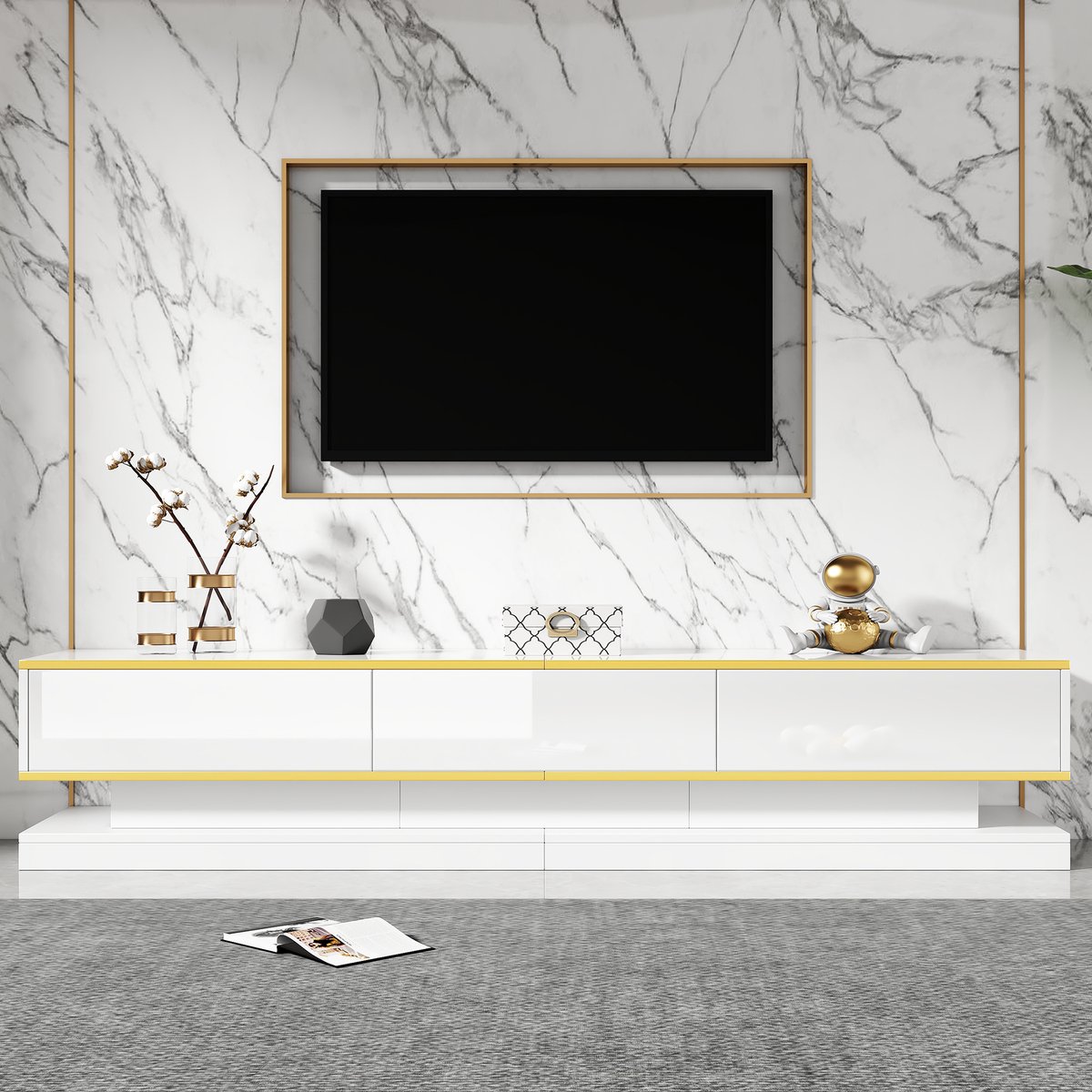 MODFU Tv-Meubel - 3 Lades En Open Vakken - Modern - Voor Woonkamer - Spaanplaat - Warmwit Met Gouden Rand - 200 X 40 X 40 Cm