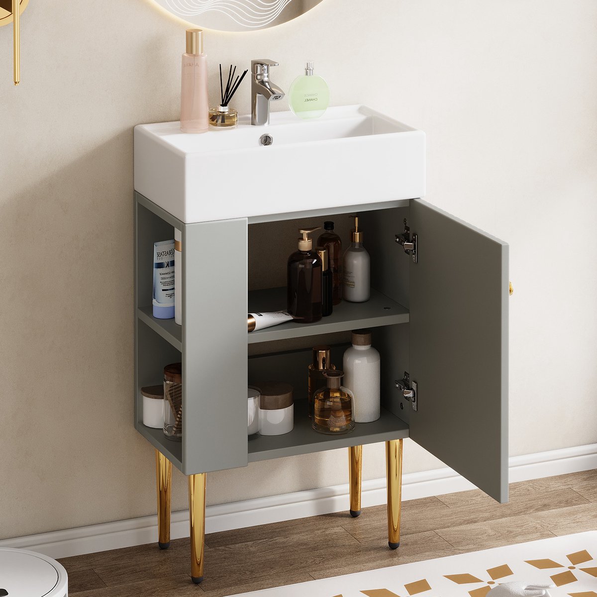 MODFU Badkamermeubel Met Wastafel - Vrijstaand - Met Opbergkast En Zijvakken - Voor Kleine Badkamer - MDF - Grijs Wit