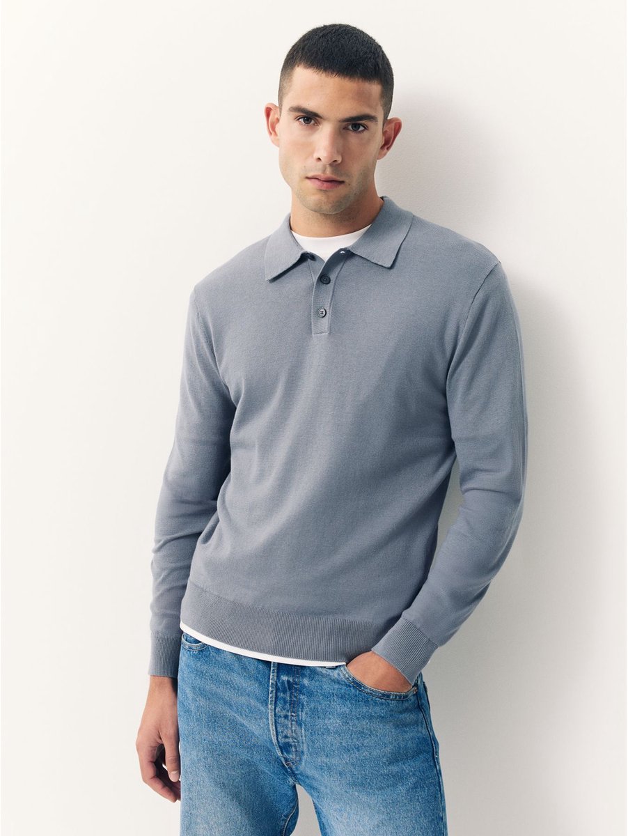 Next - Heren - Slim Fit - Katoenrijk gebreid poloshirt met lange mouwen - Blauw