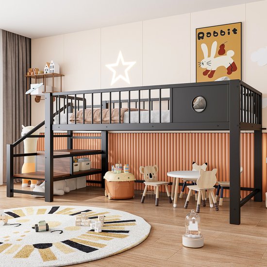 Wishdor - Lits mezzanine enfant bas - Échelle de rangement et économe d'espace - Moderne - Pour petite chambre à coucher - Métal - Zwart - 90 x 200 cm