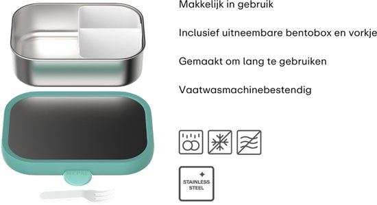 Mepal RVS broodtrommel met groen deksel, binnendoos en vorkje. Vaatwasserbestendig.
