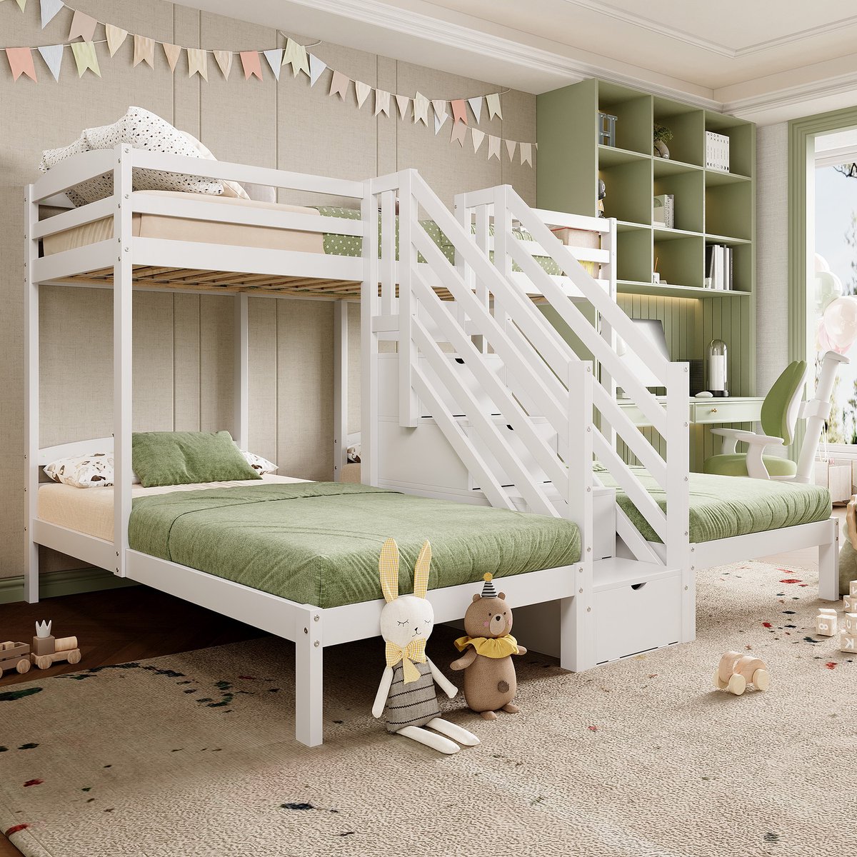 Wishdor Stapelbed met 3 slaapplaatsen en opbergladder - 90 x 200 cm - Massief grenenhout en MDF - Wit