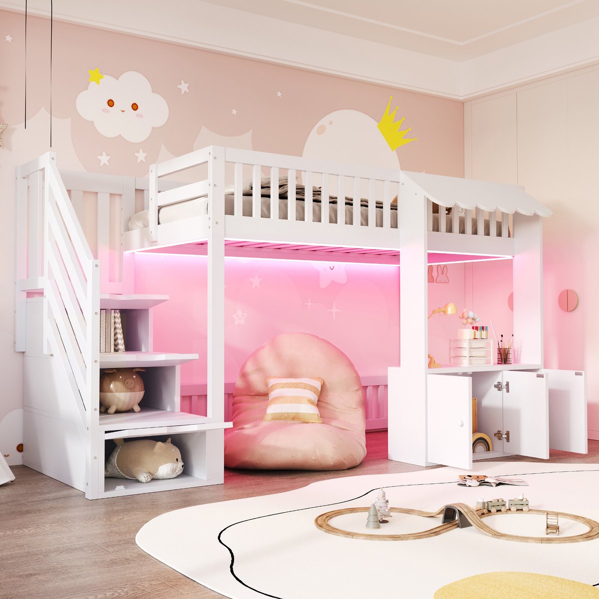 Wishdor – Hoogslaper met opbergtrap en dakrandontwerp – 90 x 200 cm – Massief hout en MDF – Wit – Inclusief LED-verlichting – Met speelruimte onder bed