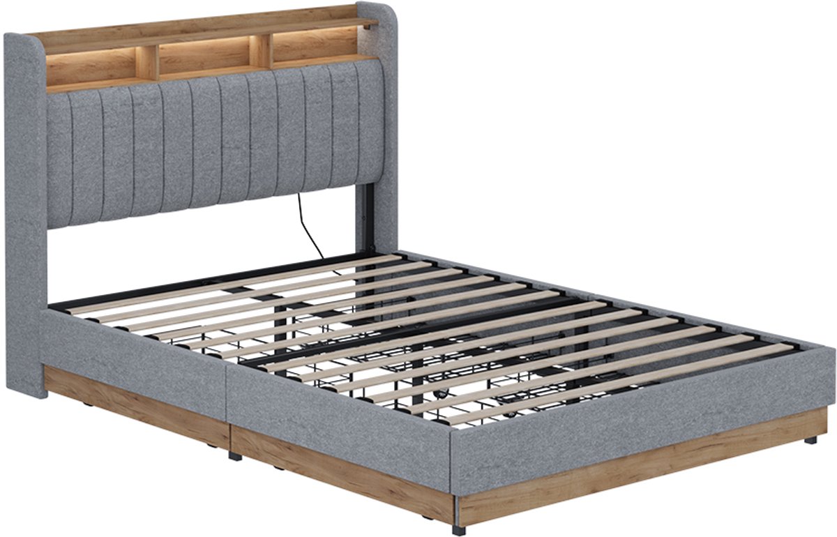 vitalispa Nura Gestoffeerd bed – 140x200 cm met 4 laden Grijs Grijs/Eiken