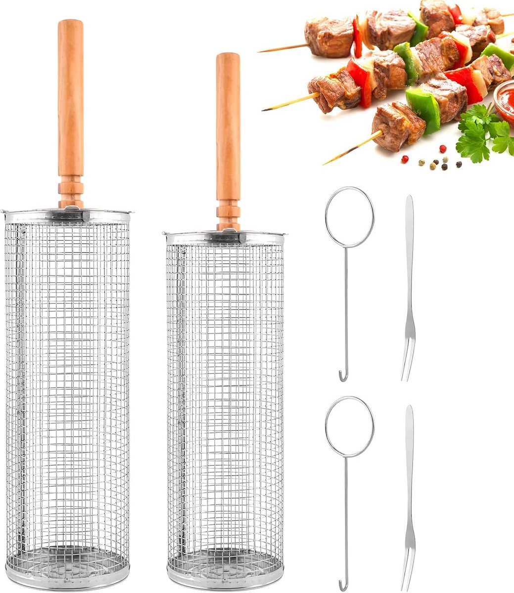 Roterende Grillmand Set met Houten Handvat voor BBQ - Roestvrij Staal
