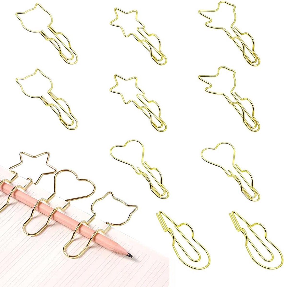 Set van 10 Mr. Penclips in Hart, Ster en Kat Vorm - Gouden Notitieboek Penhouder Clips