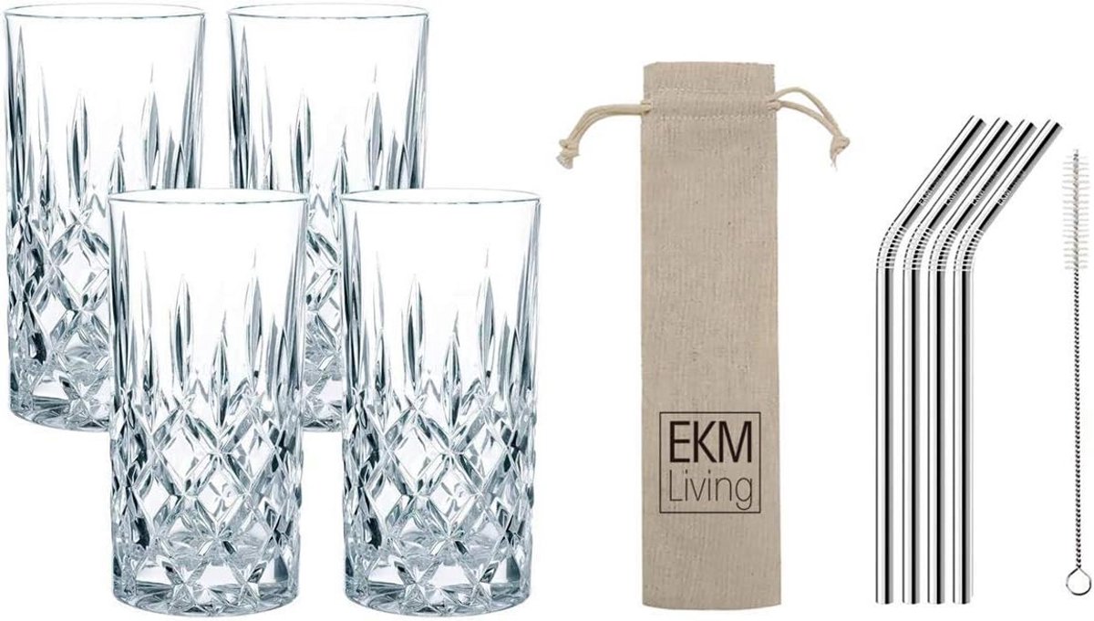 Set van 4 Longdrinkglazen met Kristalhelder Uiterlijk en Metalen Rietjes