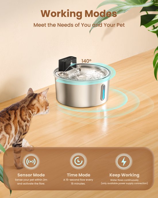 Drinkfontein voor katten, duurzame dispenser met 3D-sensor