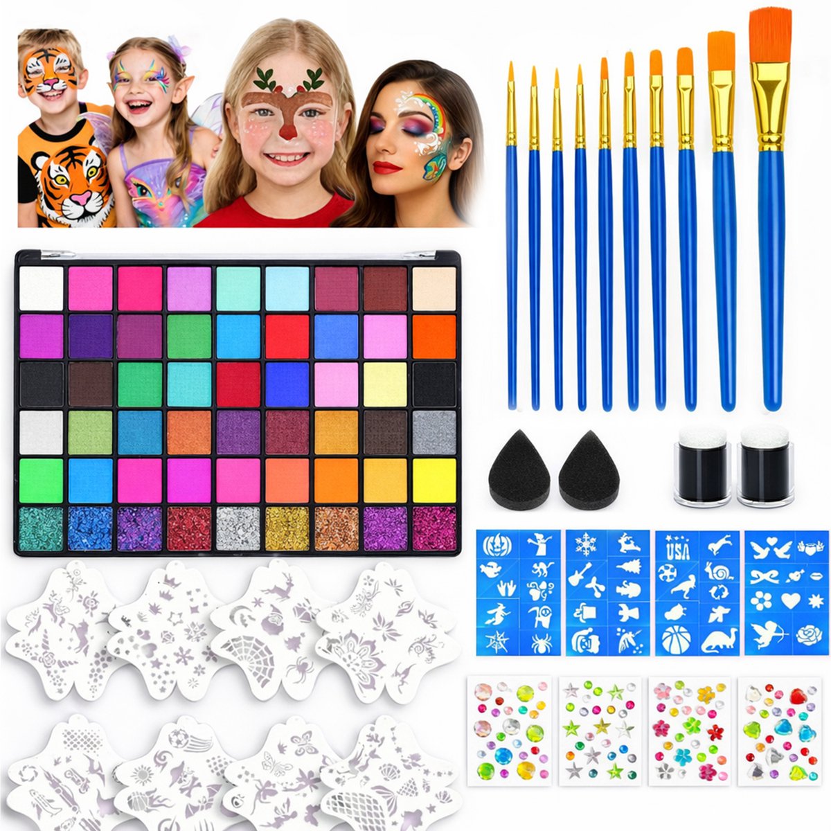 Topmelon Schmink set - kinder make up - carnaval make up - schmink sjablonen kinderen - 54 Kleuren - sminck sjablonen/ penselen/ sponsjes /diamantstickers - Wasbare Schmink voor Kind & Volwassene Wit | Grijs | Zwart | Rood | Oranje | Geel | Roze |