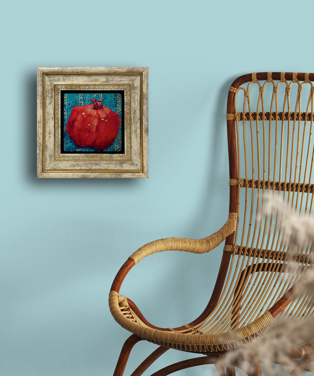 Artlijn Granaatappel Decoratie – Natuursteen Art Print – Travertin Steen Wanddecoratie – Close-up Vrucht Illustratie