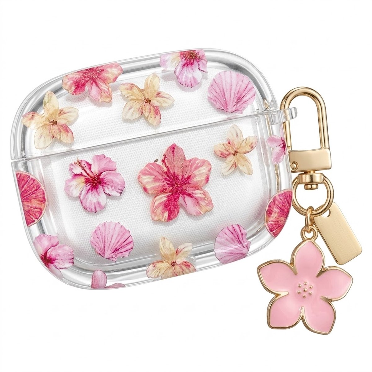Transparant roze hoesje voor oordopjes dames met bloemen patroon en decoratieve hanger geschikt voor AirPods Pro 3 met ronde vorm en goudkleurige clip