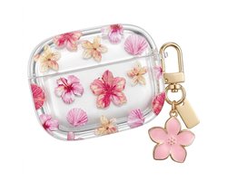Transparant roze hoesje voor oordopjes dames met bloemen patroon en decoratieve hanger geschikt voor AirPods Pro 3 met ronde vorm en goudkleurige clip
