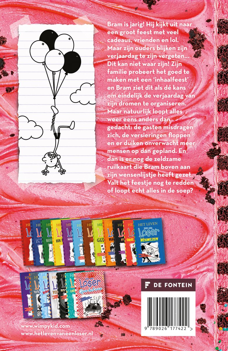 Achterkant van een boek met illustratie van ballonnen en een zwevende jongen, en een rij boeken. Roze cake textuur.