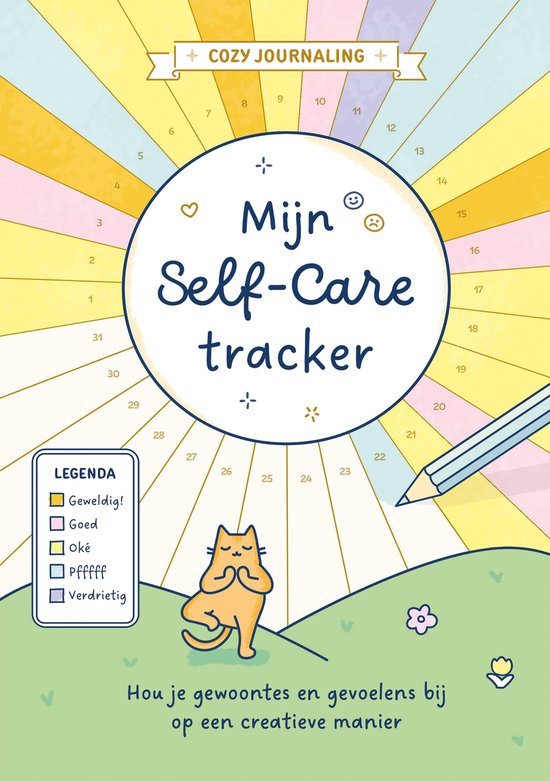 Mijn Self-Care tracker: een kalender met gekleurde vlakken, een mediterende oranje kat, en een potlood. Tekst: 'Cozy Journaling', 'Mijn Self-Care tracker', 'Hou je gewoontes en gevoelens op een creatieve manier'.