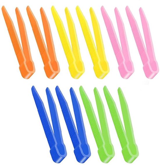 Set van 10 plastic pincetten in oranje, geel, roze, blauw en groen, met gekartelde punt.