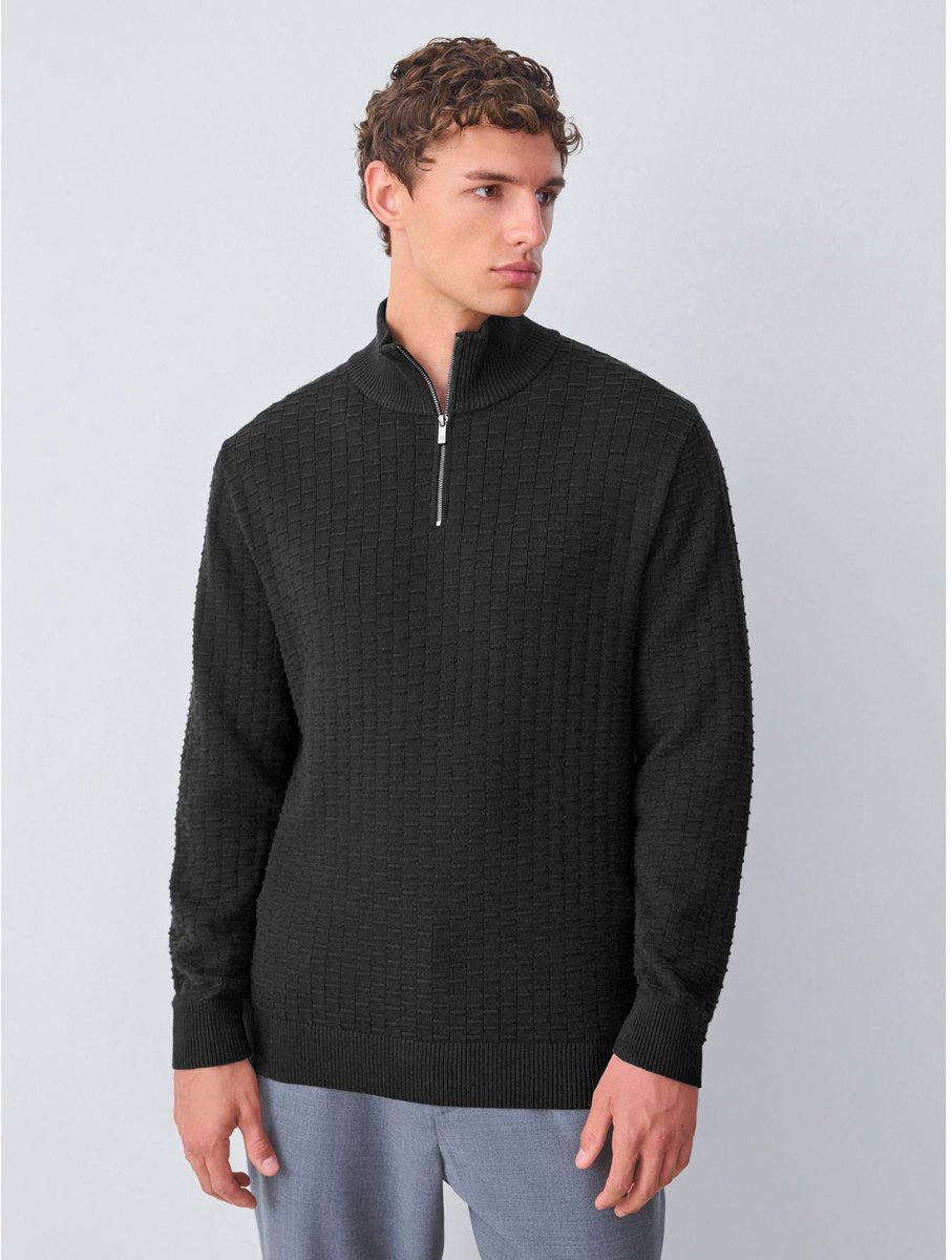 Next - Heren - Cotton Rich Regular Fit Premium Textured Quarter Zip Neck Jumper - Zwart