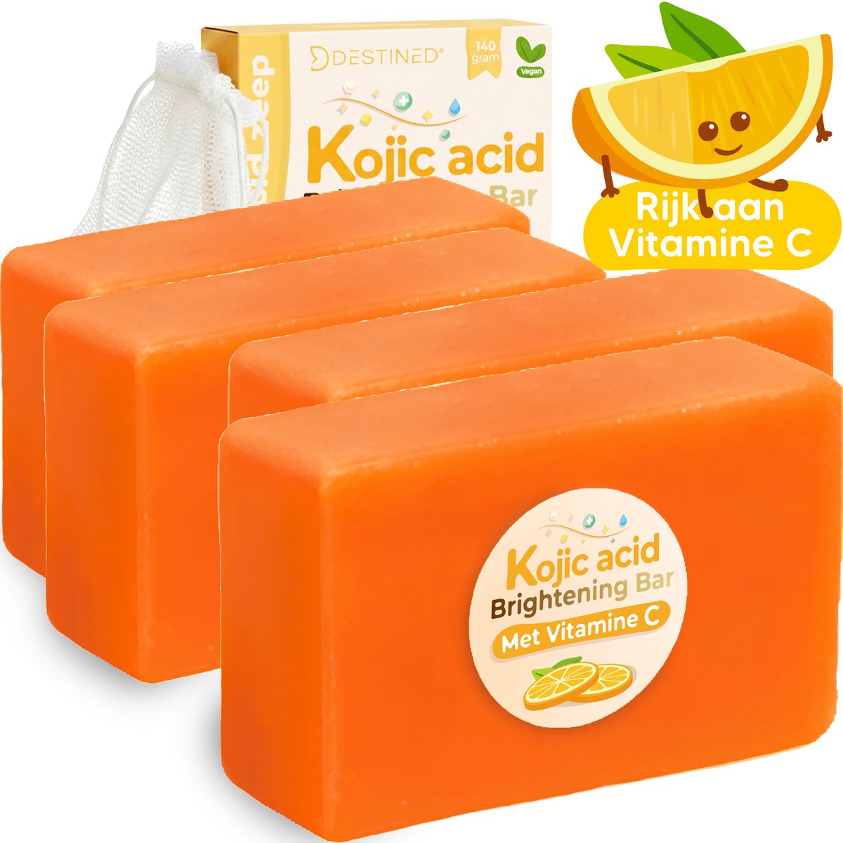 Destined® Kojic Acid Brightening Bar - 4x Bundel - Vitamine C Zeep - Dark Spot Remover / Pigmentvlekken Verwijderen - Huid Egaliseren - Anti Acne - Glow Boost - Alternatief Turmeric Zeep - Met Vitamine C & Kojic Acid - 560g