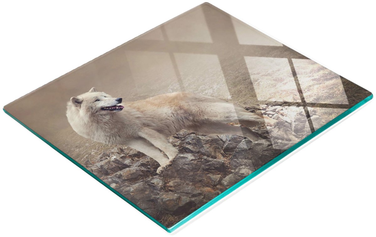 Stijlvol en duurzaam glazen bord met print van een witte wolf op een rots, 60x52 cm