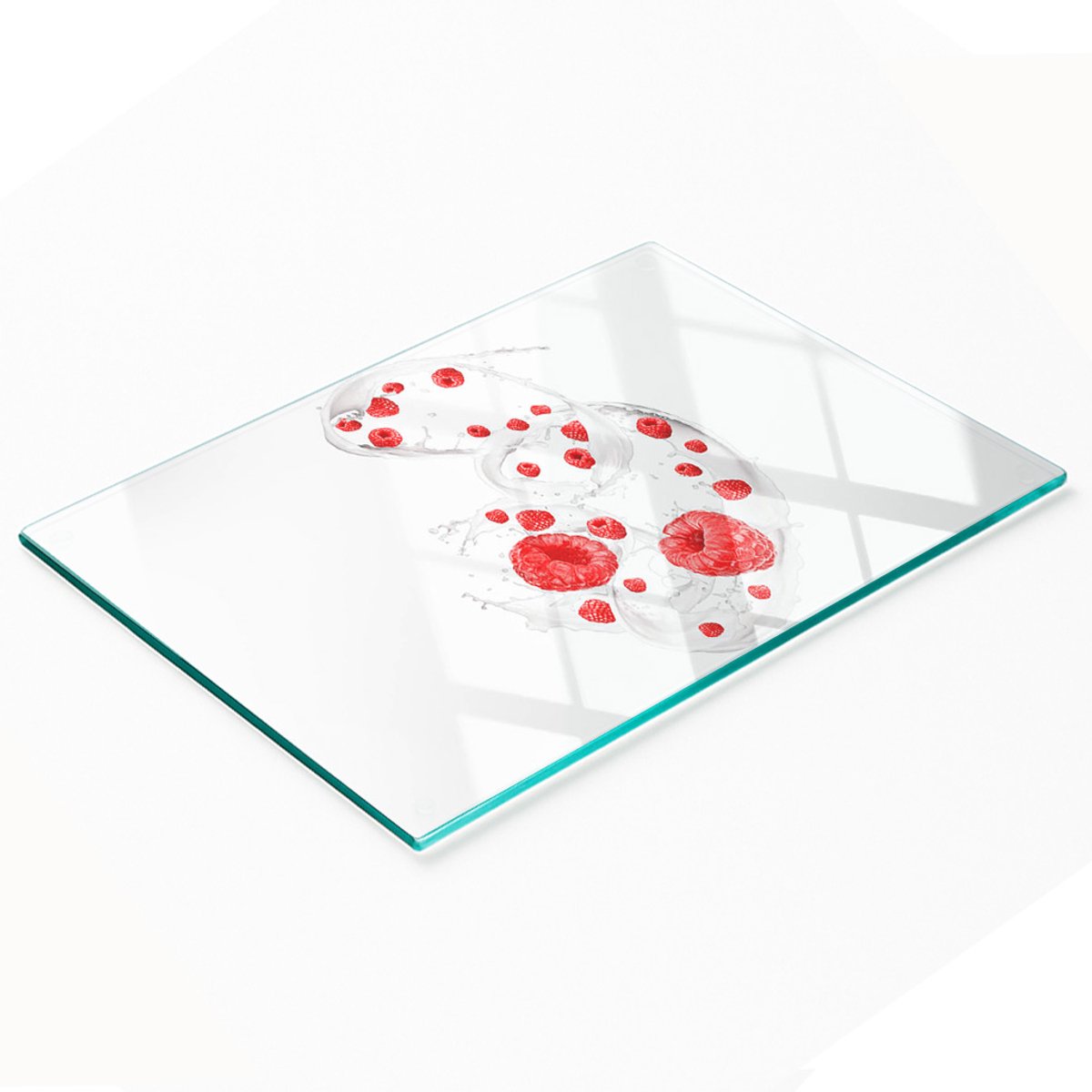 Decoratieve glazen keukensnijplank met frambozen en melkmotief, 80x52 cm