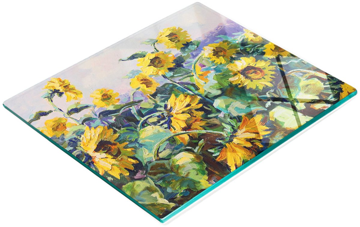Decoratieve glazen snijplank met zonnebloemmotief, 60x52 cm