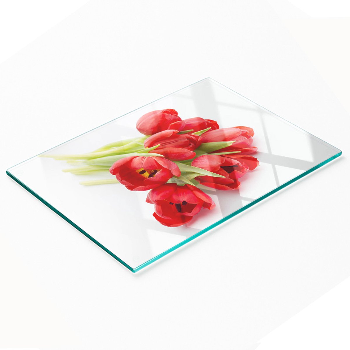 Glazen snijplank met afbeelding van rode tulpen, 80x52 cm