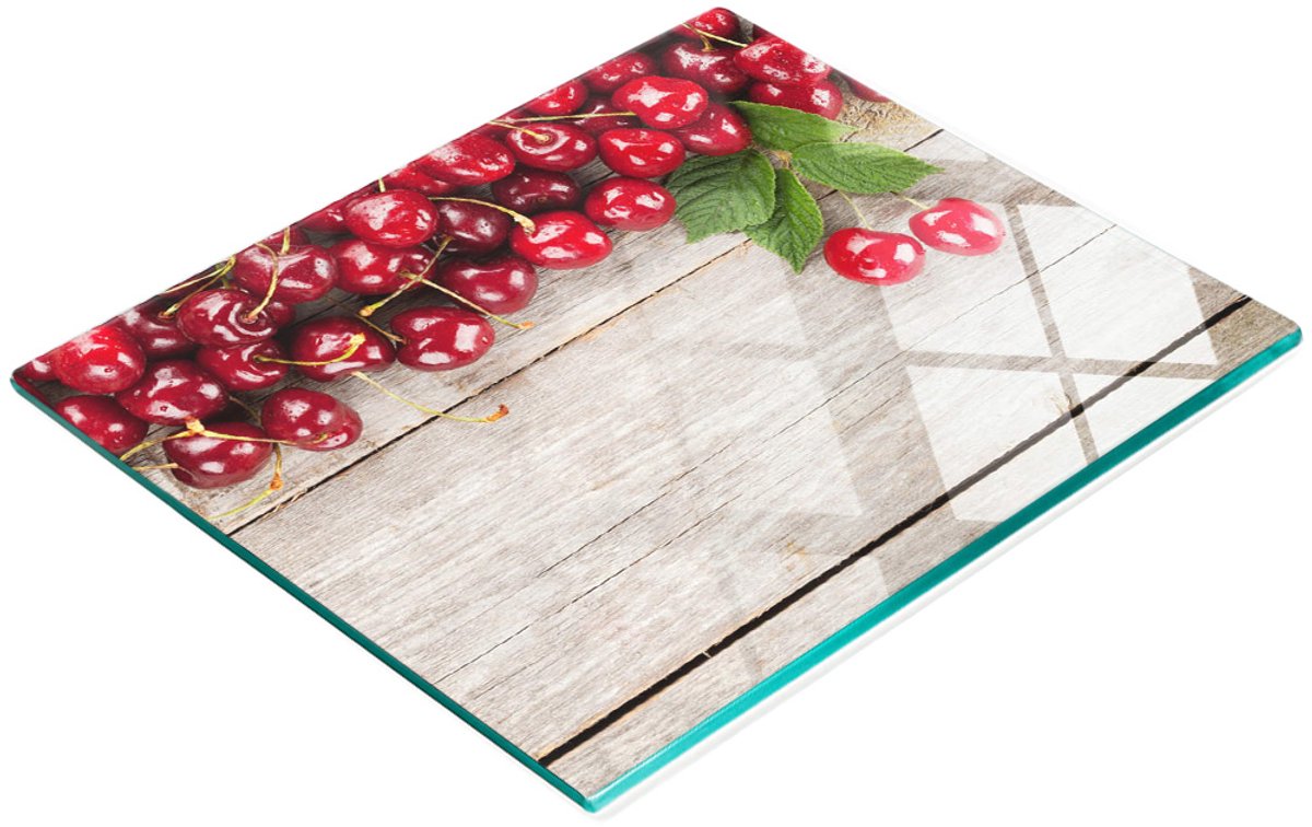 Keukenplank van gehard glas met afbeelding van kersen op hout, 60x52 cm