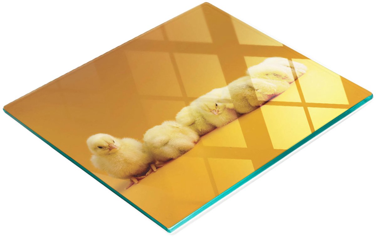 Keukenplank van gehard glas met decoratieve afbeelding van kuikentjes, 60x52 cm
