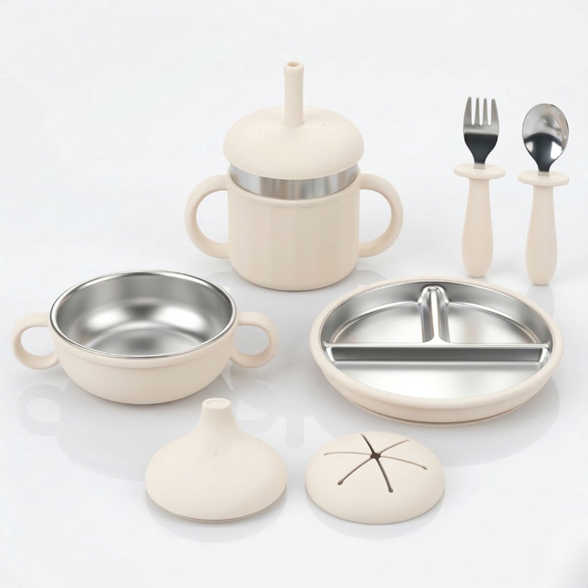 NilaFee® Kinderservies Robin Milky – Baby Eetset – Siliconen & RVS – Vakjesbord – Kom – Drinkbeker met Rietje – Bestek – Kinderservies – Peuter & Baby 6m+