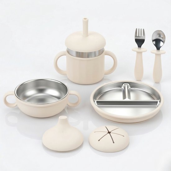 NilaFee® Kinderservies Robin Milky – Baby Eetset – Siliconen & RVS – Vakjesbord – Kom – Drinkbeker met Rietje – Bestek – Kinderservies – Peuter & Baby 6m+