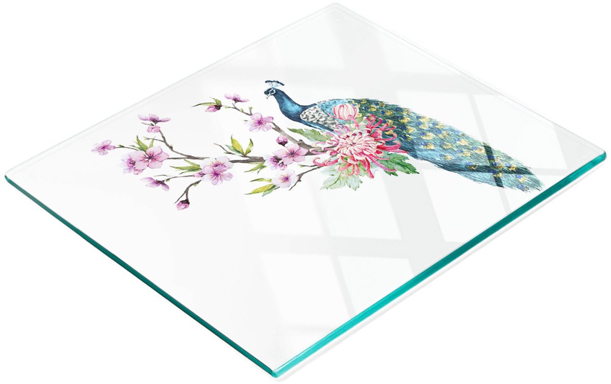 Multifunctionele decoratieve snijplank voor in de keuken met pauw en bloemen, 60x52 cm