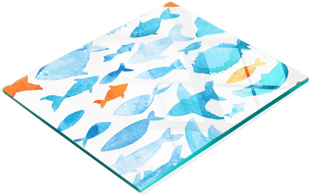 Keukenplank van gehard glas met decoratieve aquarelvisafbeeldingen, 60x52 cm