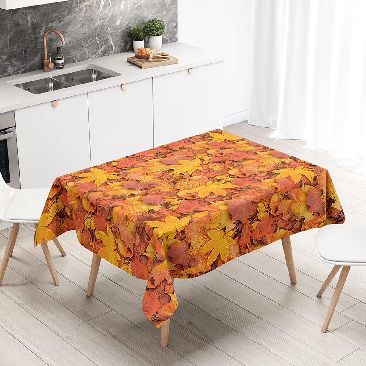 Tafelkleed Herfst - Blad Print - Buiten Eten - Waterafstotende Coating - 140x160cm - Geel