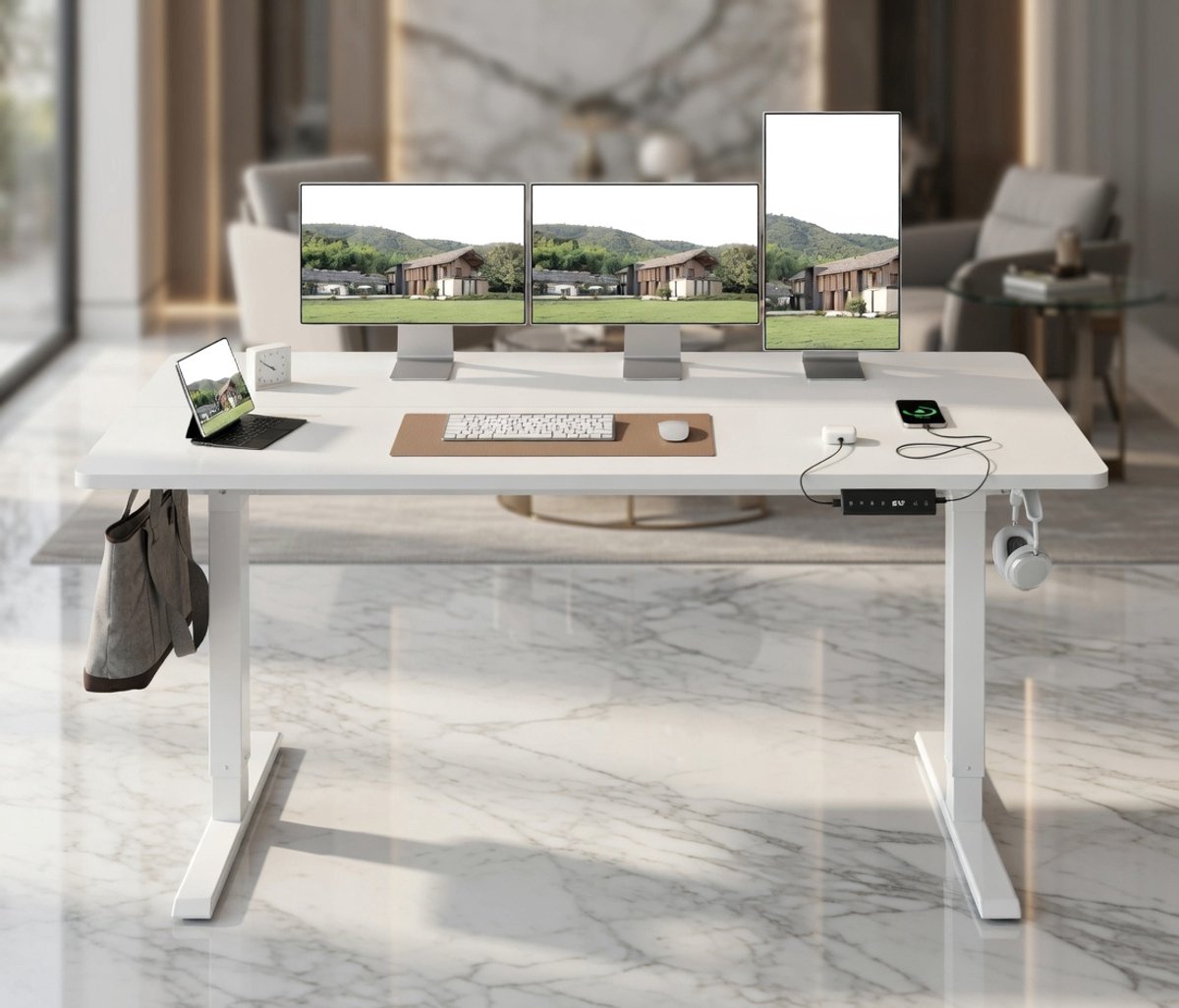 Elektrisch Verstelbaar Sta-Zit Bureau 140x60 cm – Hoogteverstelbaar Bureau met Geheugenfunctie, Ergonomische Computerwerkplek, Thuiskantoor, Modern Wit House&Garden