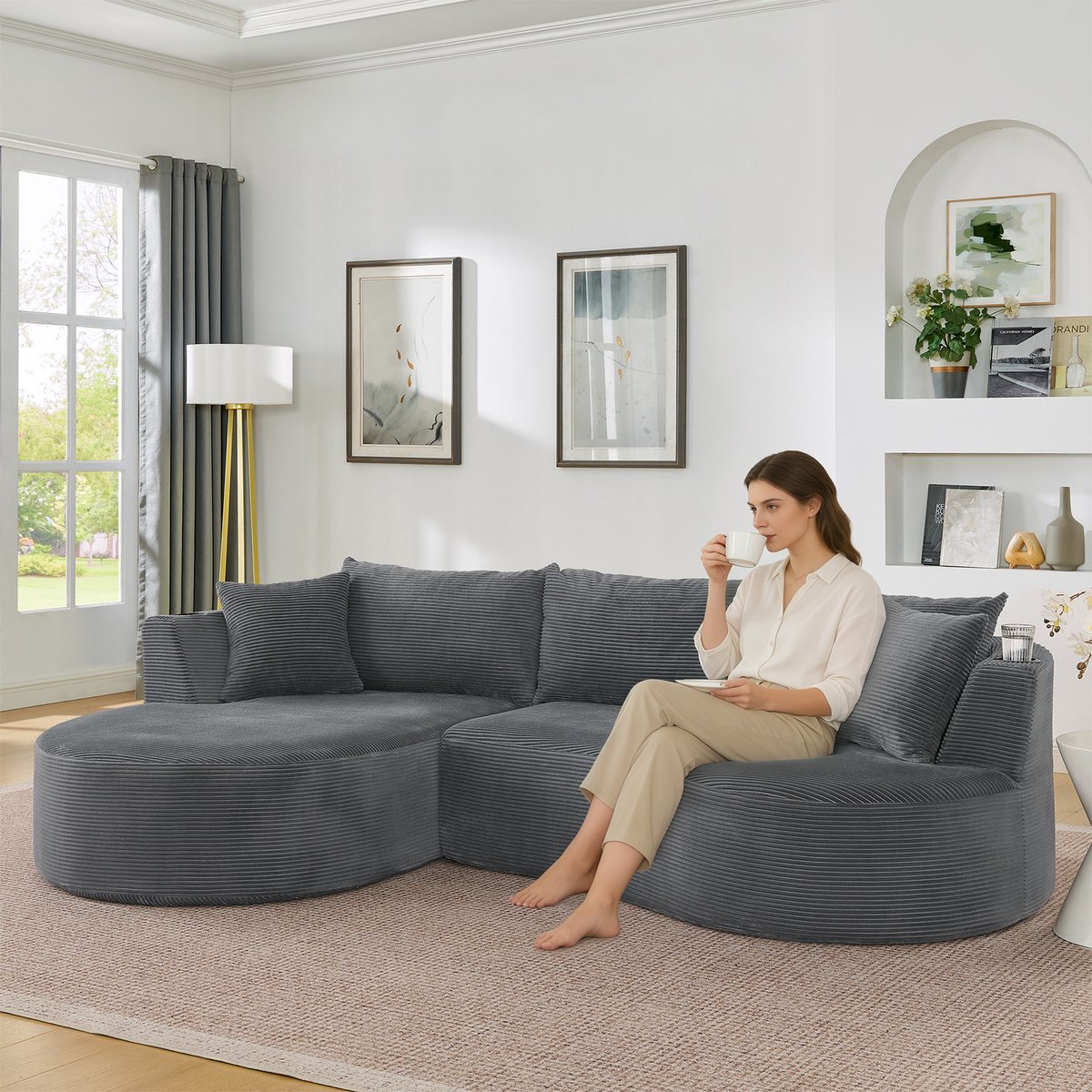 REDOM - Hoekbank - Linkse chaise longue - Cupholder en kussens - Bogenvormig design - Woonkamer, hotel, appartement en kantoor - Kordstof - Grijs - 264 x 168 x 76 cm