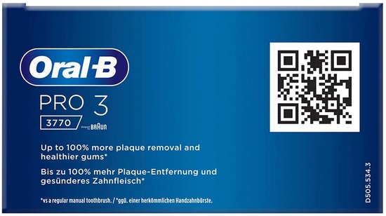 Doos Oral-B Pro 3 3770, met tekst over 100% meer plaque verwijdering.
