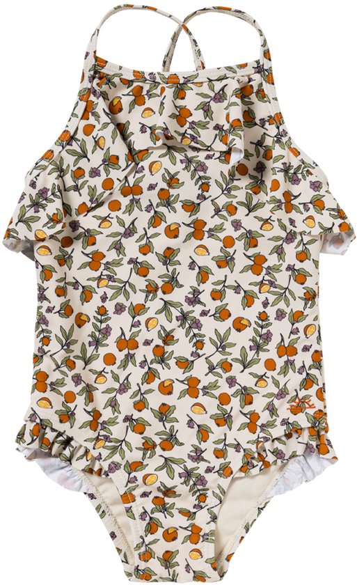 Wit badpak met oranje fruitprint, groene bladeren en roze bloemetjes. Met ruches en gekruiste bandjes.