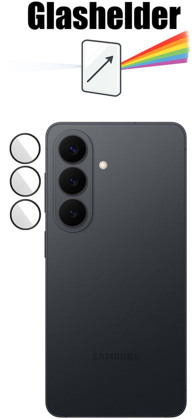 Een donkergrijze Samsung telefoon met een prisma dat licht in kleuren breekt. 'Glasheler' staat erboven.